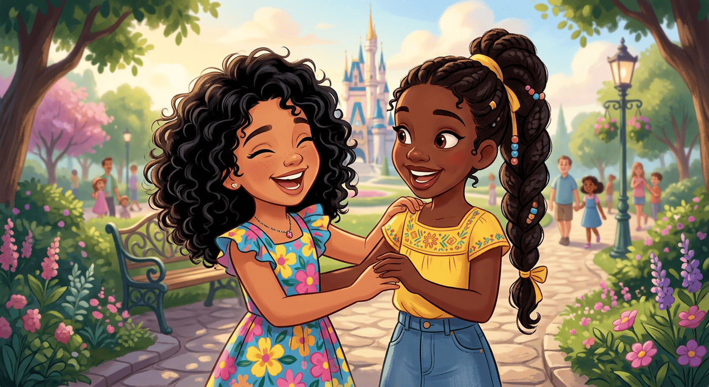 Jessica and Ella, two best friends smiling together in a sunny park