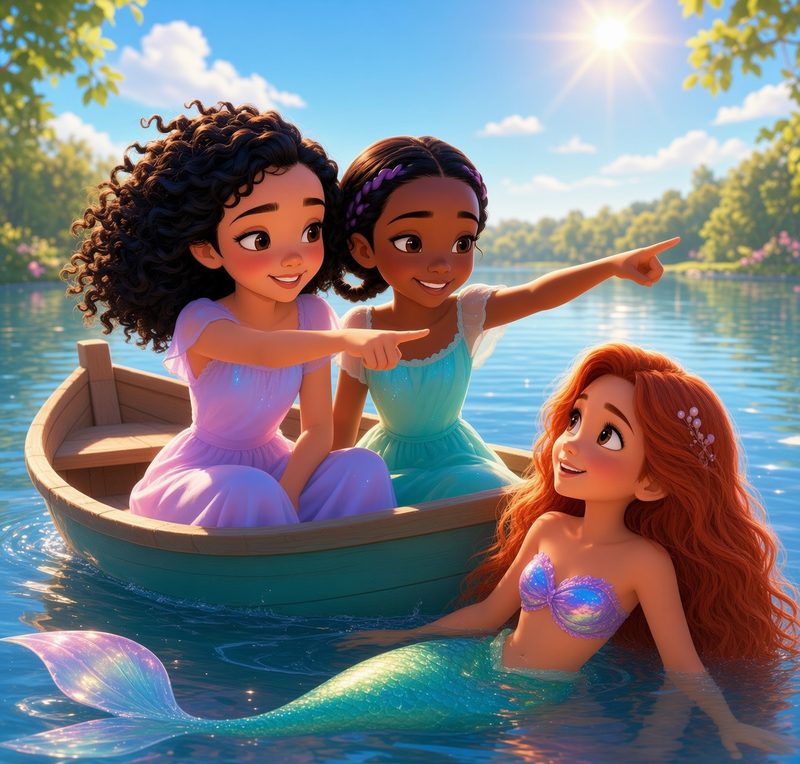 Lili the mermaid beside Jessica and Ella, who look just like sisters, ready to search together