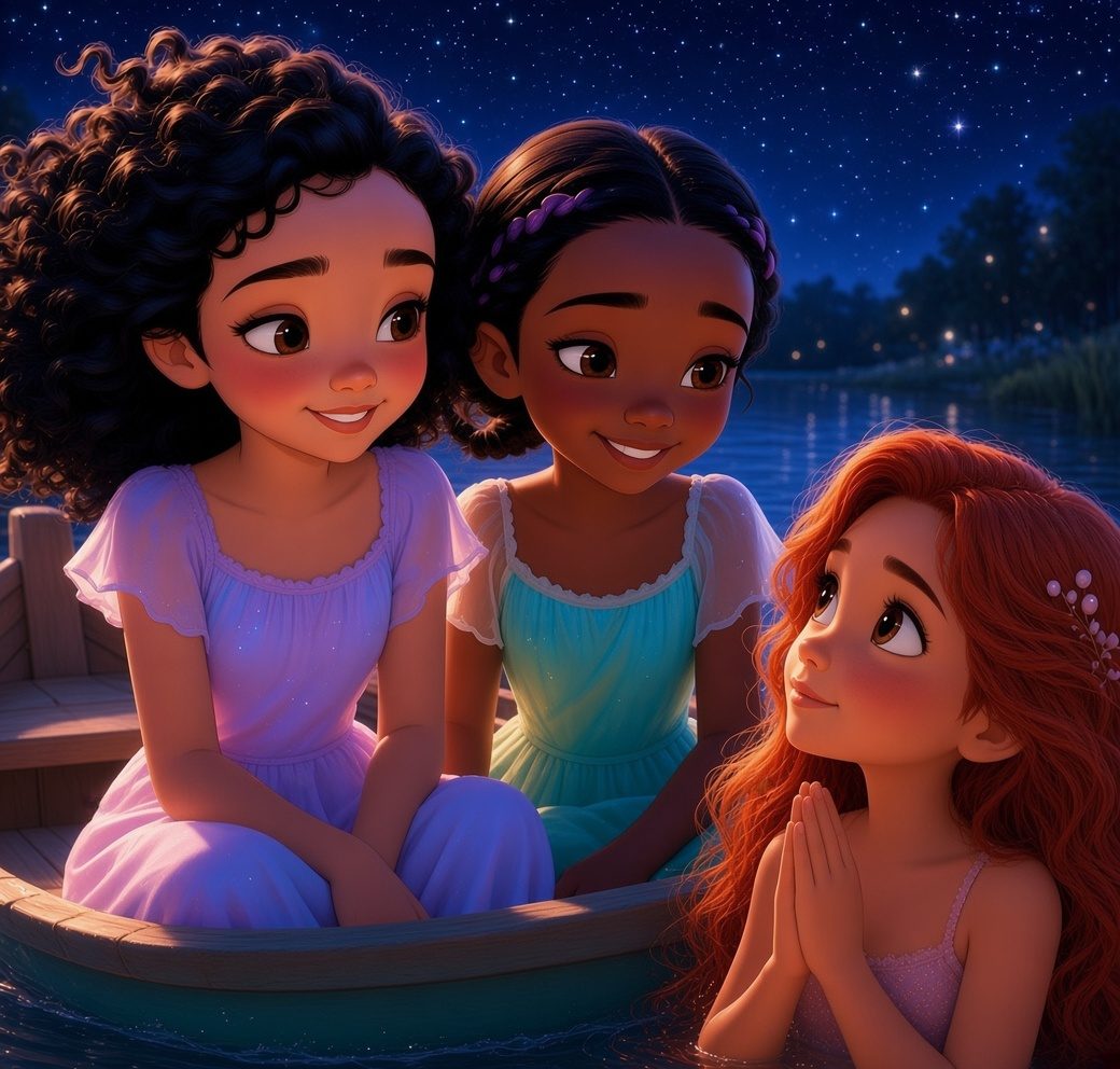 Lili the mermaid smiling happily as she thanks Jessica and Ella by the water
