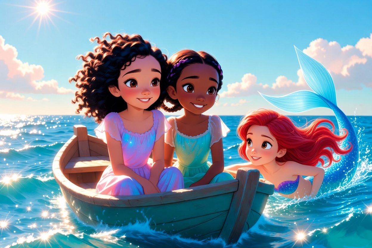 Two smiling girls in a boat with a pink-haired, blue-eyed mermaid in the sunny water