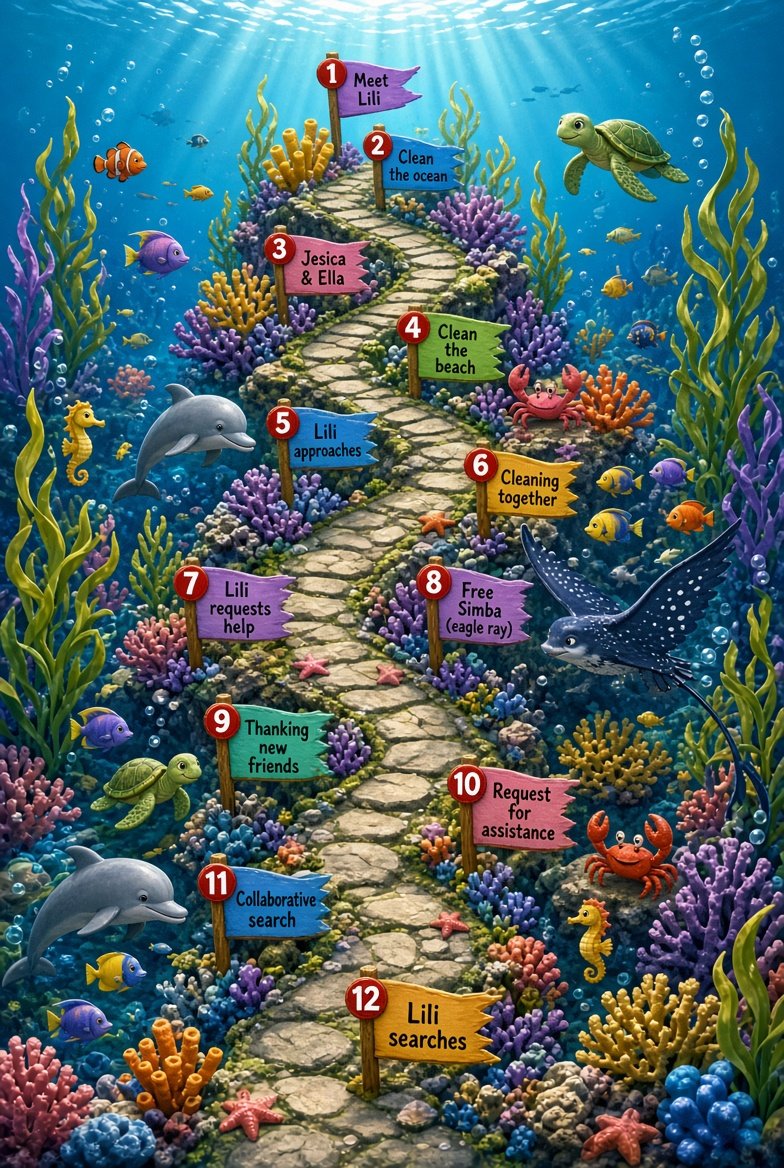 Adventure map with numbered signposts for each stage