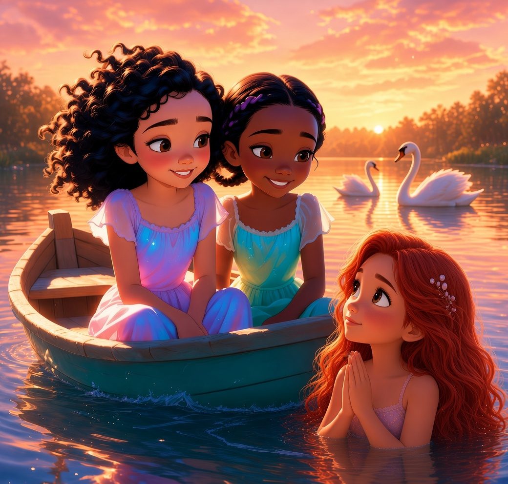 A mermaid with her hands clasped asks the two girls in their boat for help at sunset